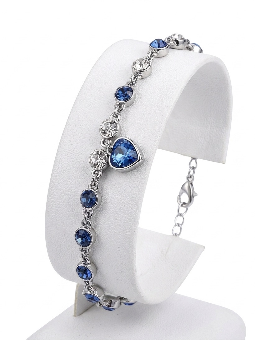 New Sterling Silver Heart Love White Swarovski Blue Sapphire Minimalist Bracelet